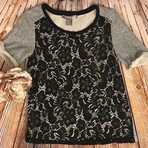 FOREVER 21 LACE FRONT SHORT SLEEVE SWEATSHIRT